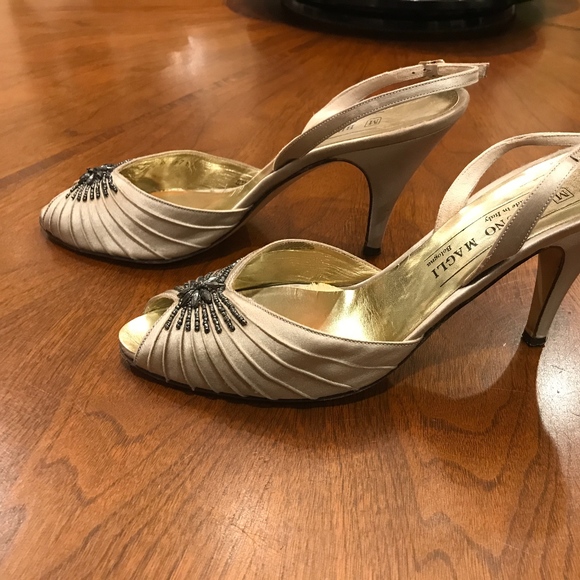 Embellished Taupe Satin Heels - Picture 1 of 5